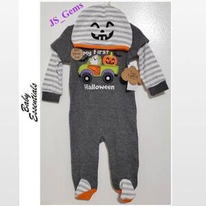 New Baby 1st Halloween Boy Sleeper Grey Thermal Romper Set